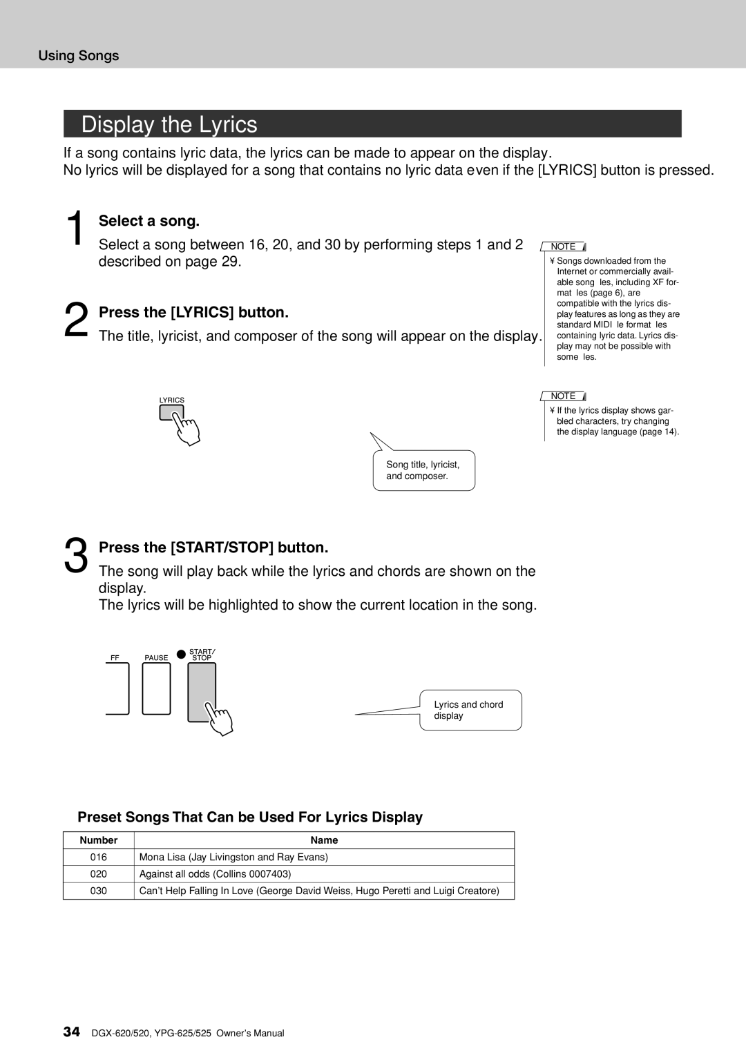Yamaha DGX-620 Display the Lyrics, Press the Lyrics button, Preset Songs That Can be Used For Lyrics Display, Number 