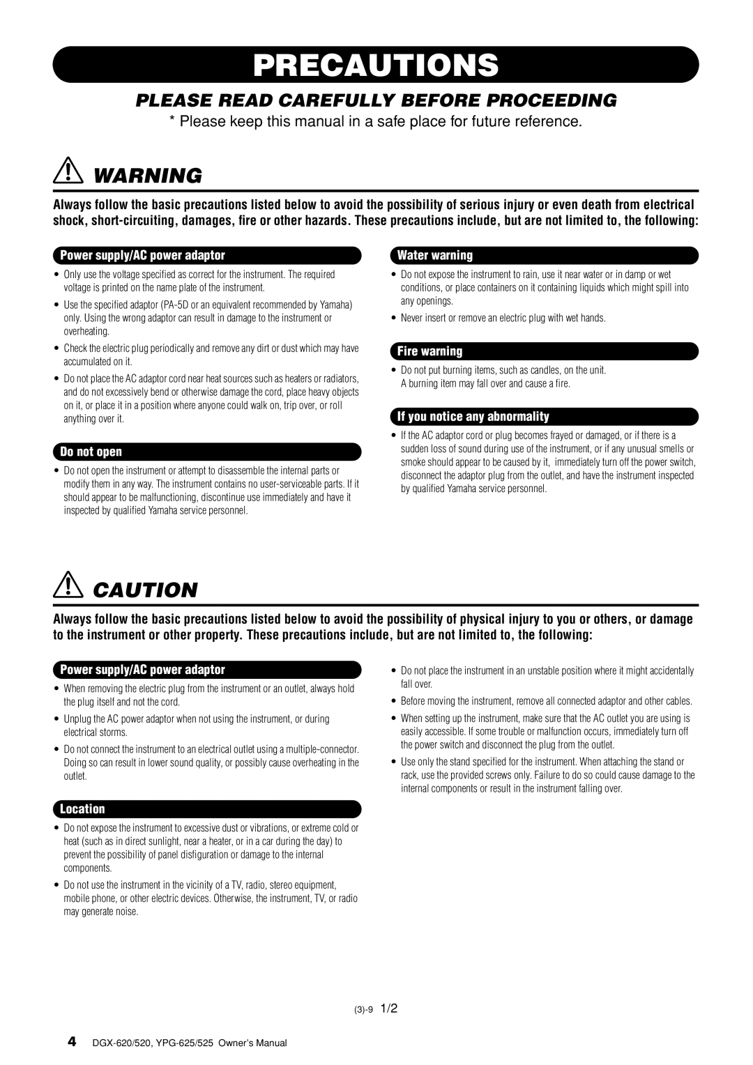 Yamaha DGX-620 owner manual Precautions 