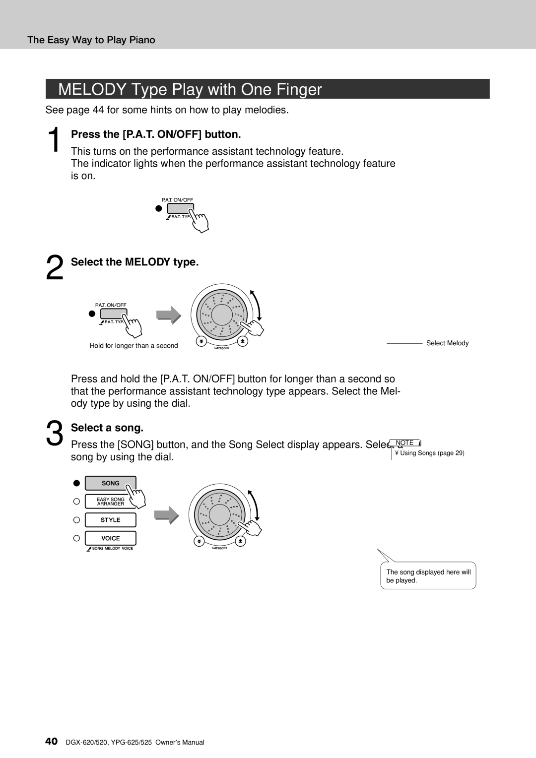 Yamaha DGX-620 owner manual Melody Type-Play with One Finger, Select the Melody type 