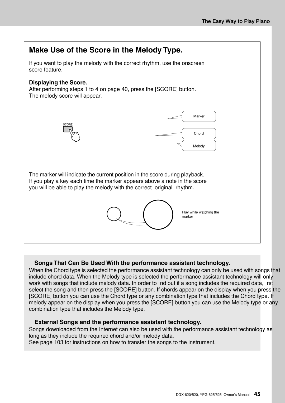 Yamaha DGX-620 owner manual Make Use of the Score in the Melody Type, Displaying the Score 