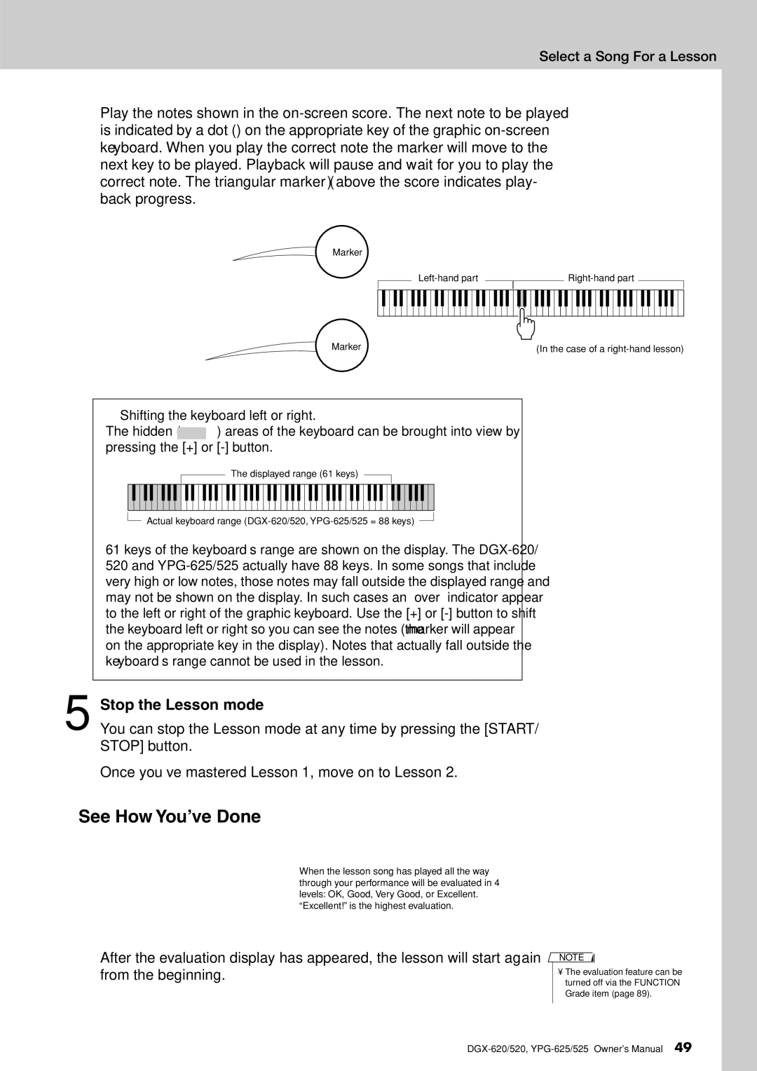 Yamaha DGX-620 owner manual Stop the Lesson mode, Shifting the keyboard left or right 