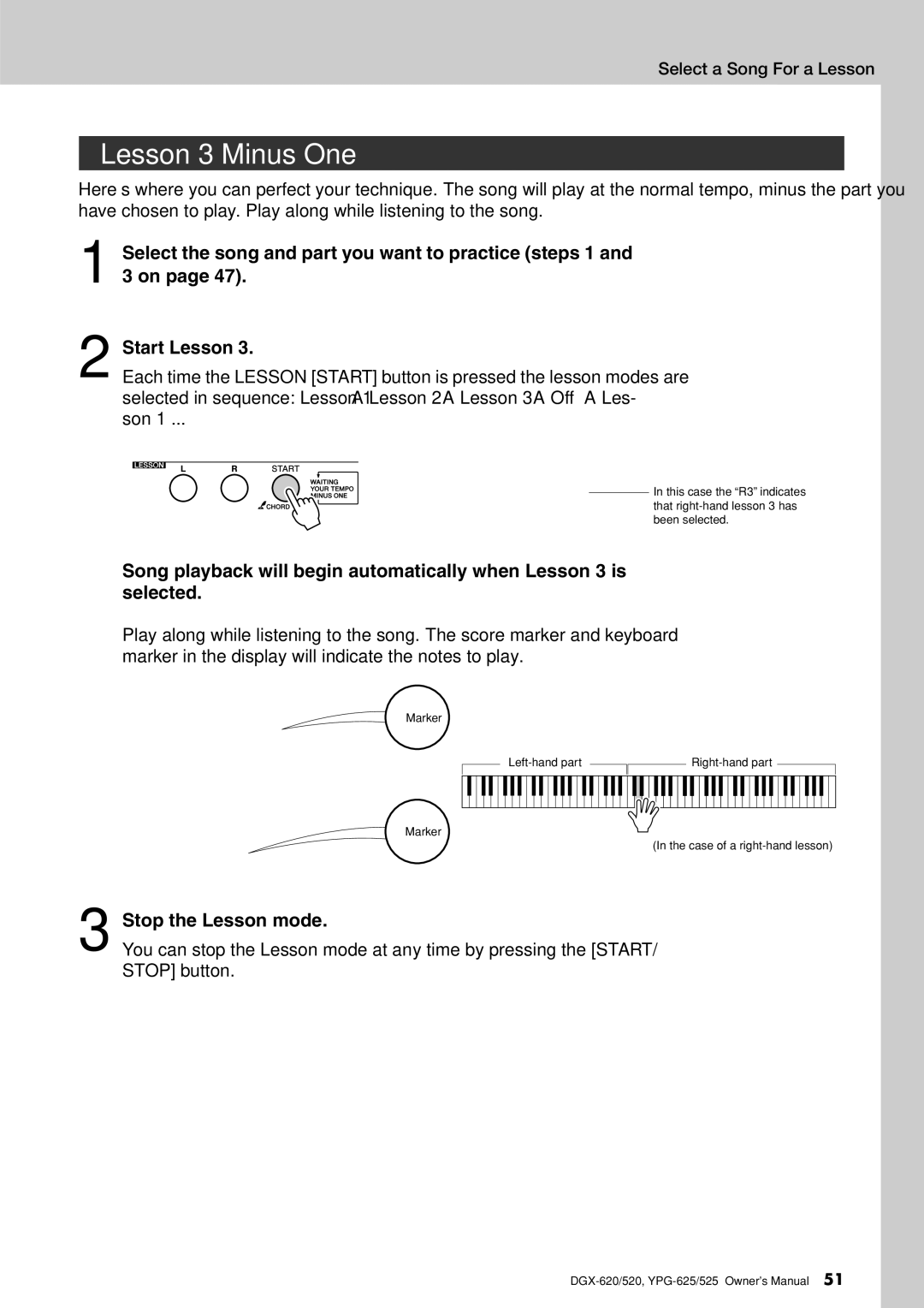 Yamaha DGX-620 owner manual Lesson 3-Minus One 