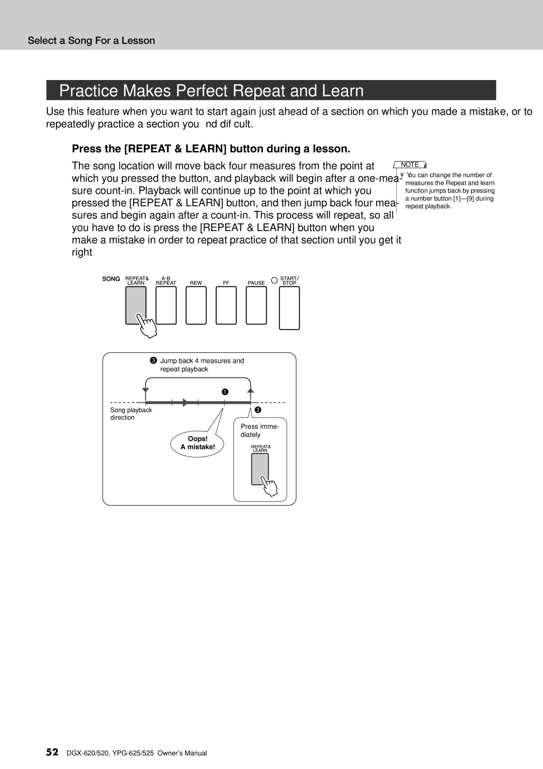 Yamaha DGX-620 owner manual Practice Makes Perfect-Repeat and Learn, Press the Repeat & Learn button during a lesson 