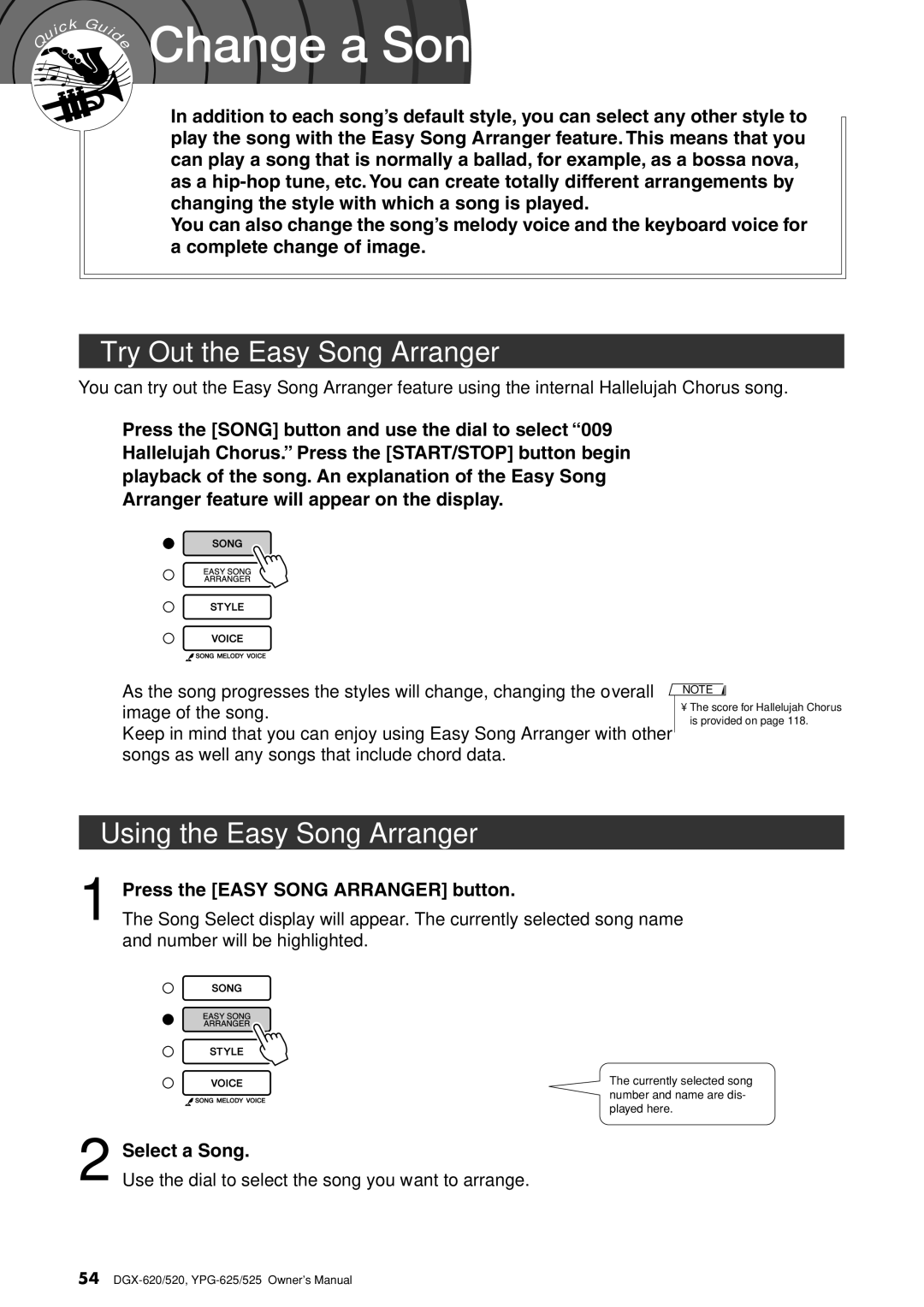 Yamaha DGX-620 Try Out the Easy Song Arranger, Using the Easy Song Arranger, Press the Easy Song Arranger button 