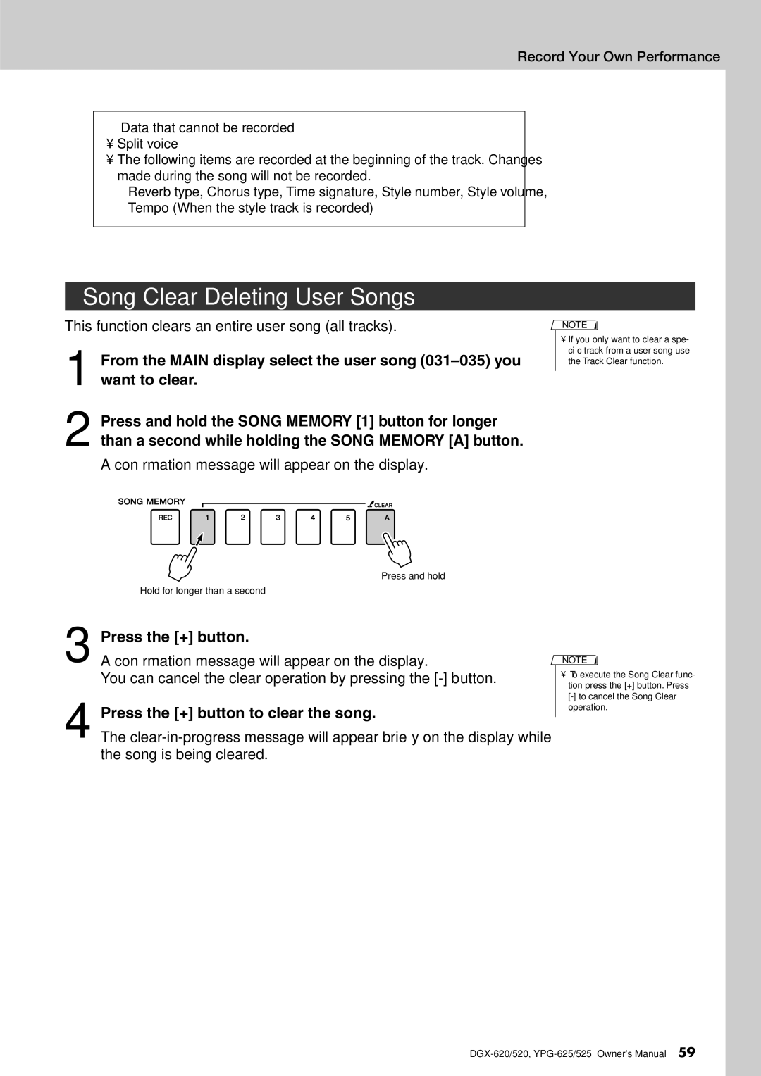 Yamaha DGX-620 Song Clear-Deleting User Songs, Press the + button to clear the song, Data that cannot be recorded 