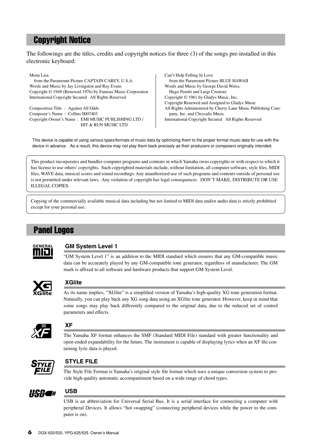 Yamaha DGX-620 owner manual Copyright Notice, Panel Logos, GM System Level, XGlite 