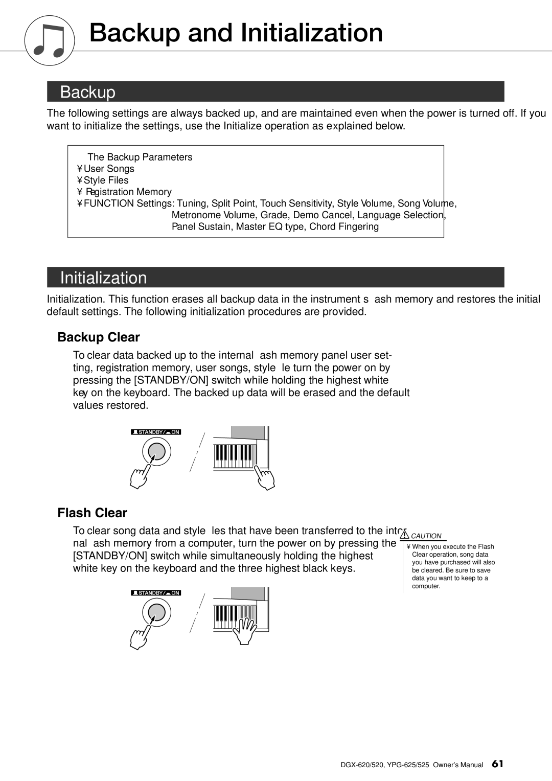 Yamaha DGX-620 owner manual Backup and Initialization, Backup Parameters 