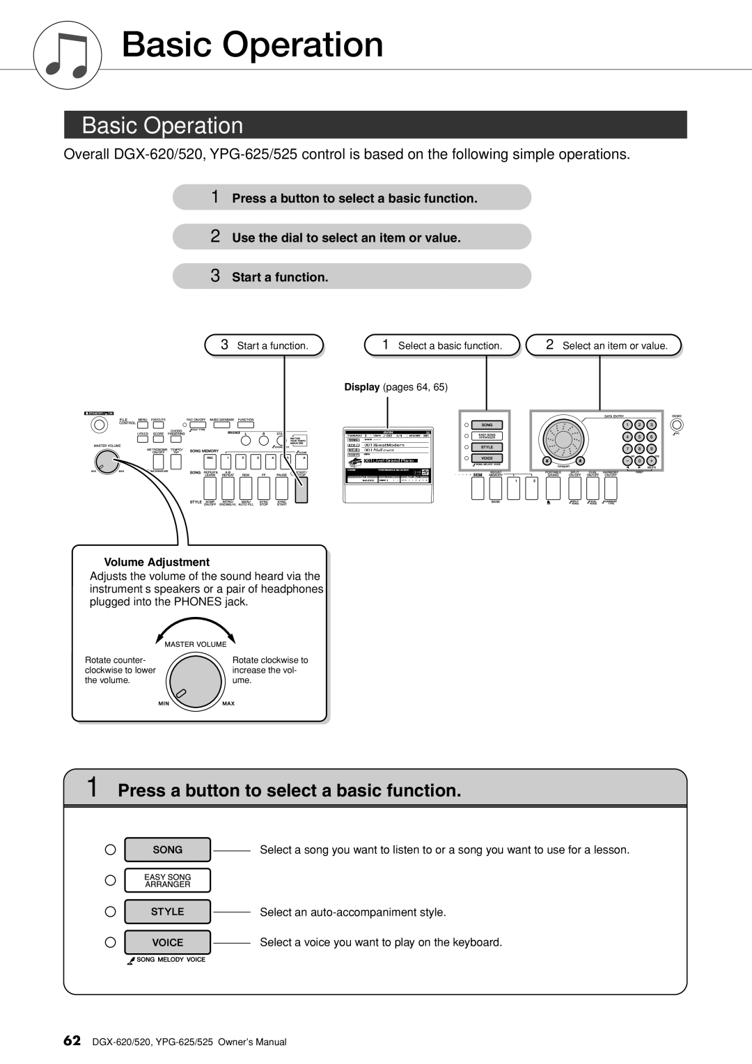 Yamaha DGX-620 owner manual Basic Operation 