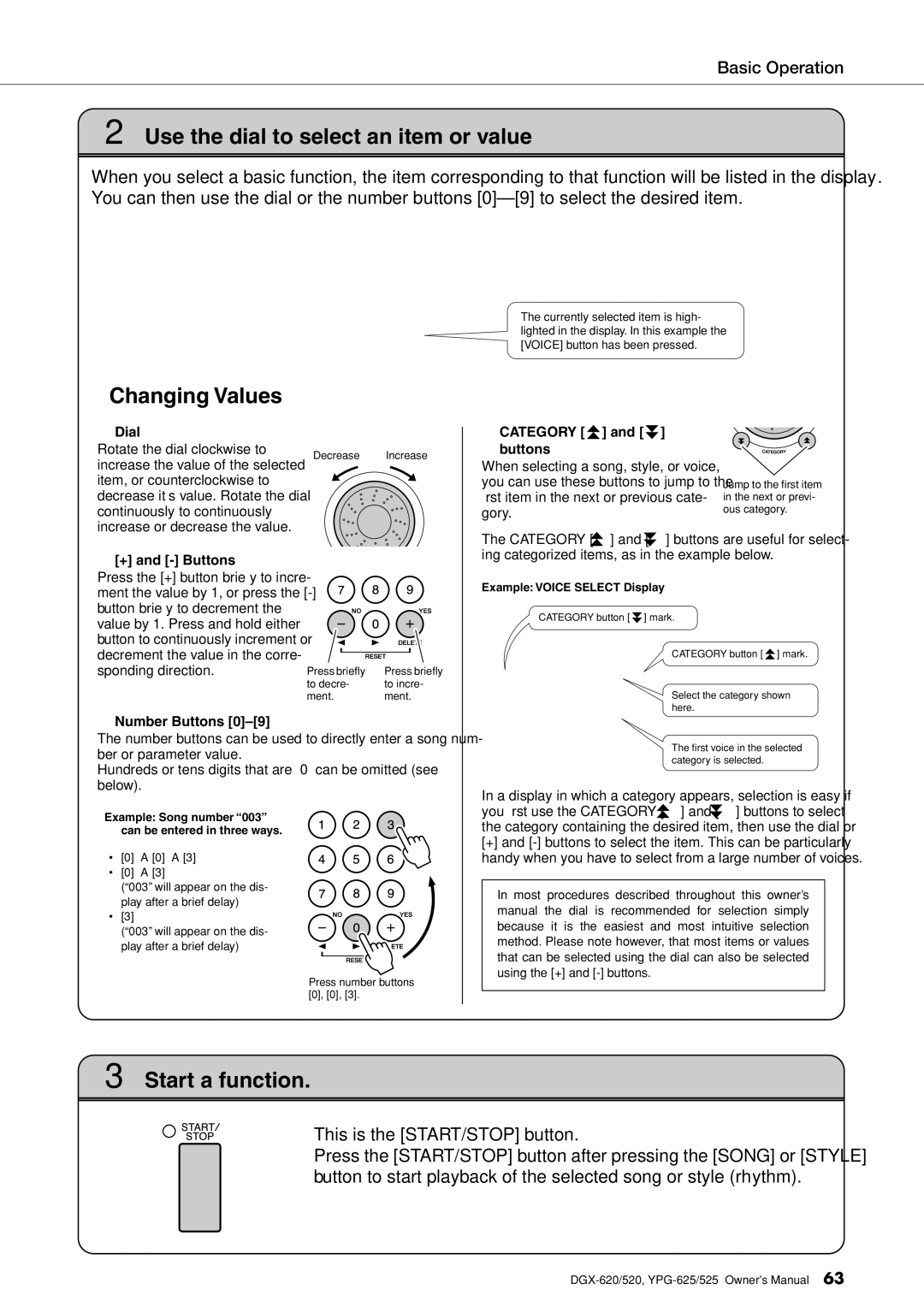 Yamaha DGX-620 owner manual Use the dial to select an item or value 