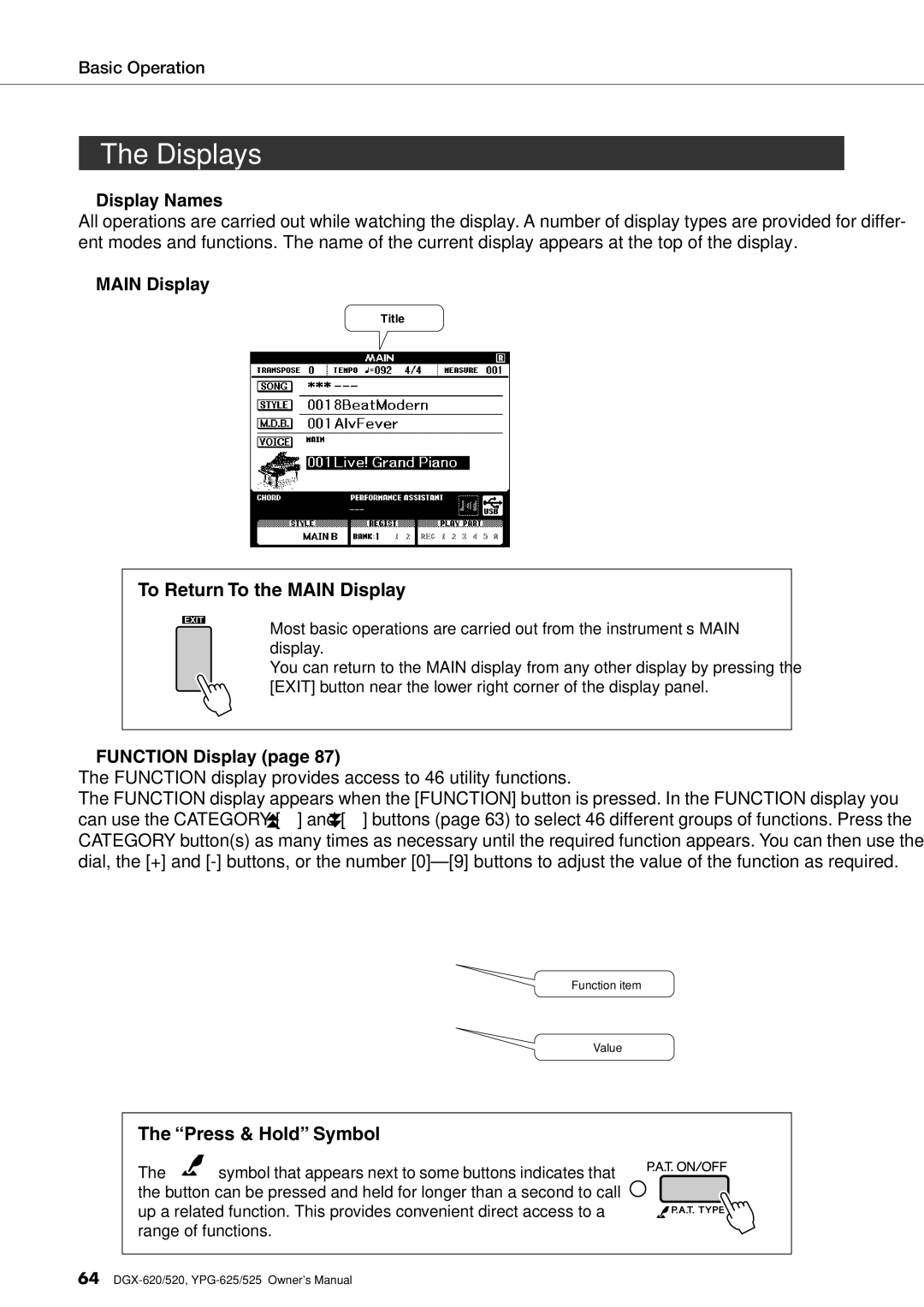 Yamaha DGX-620 owner manual Displays, To Return To the Main Display, Press & Hold Symbol 