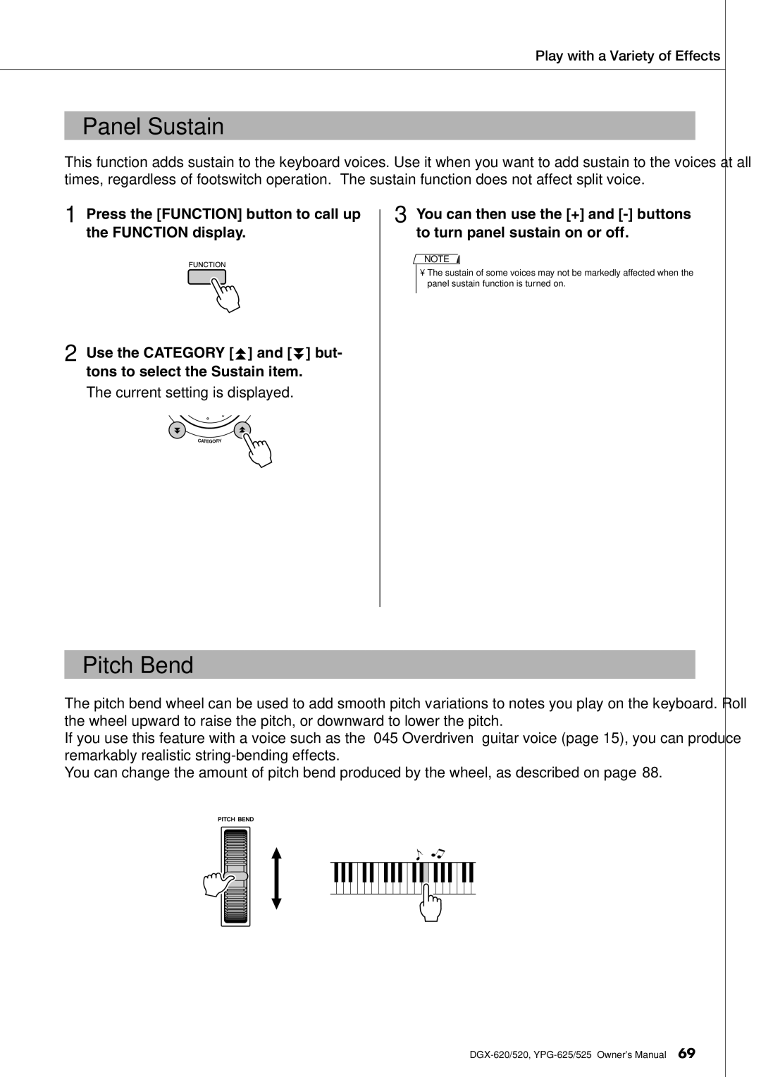 Yamaha DGX-620 owner manual Panel Sustain, Pitch Bend 