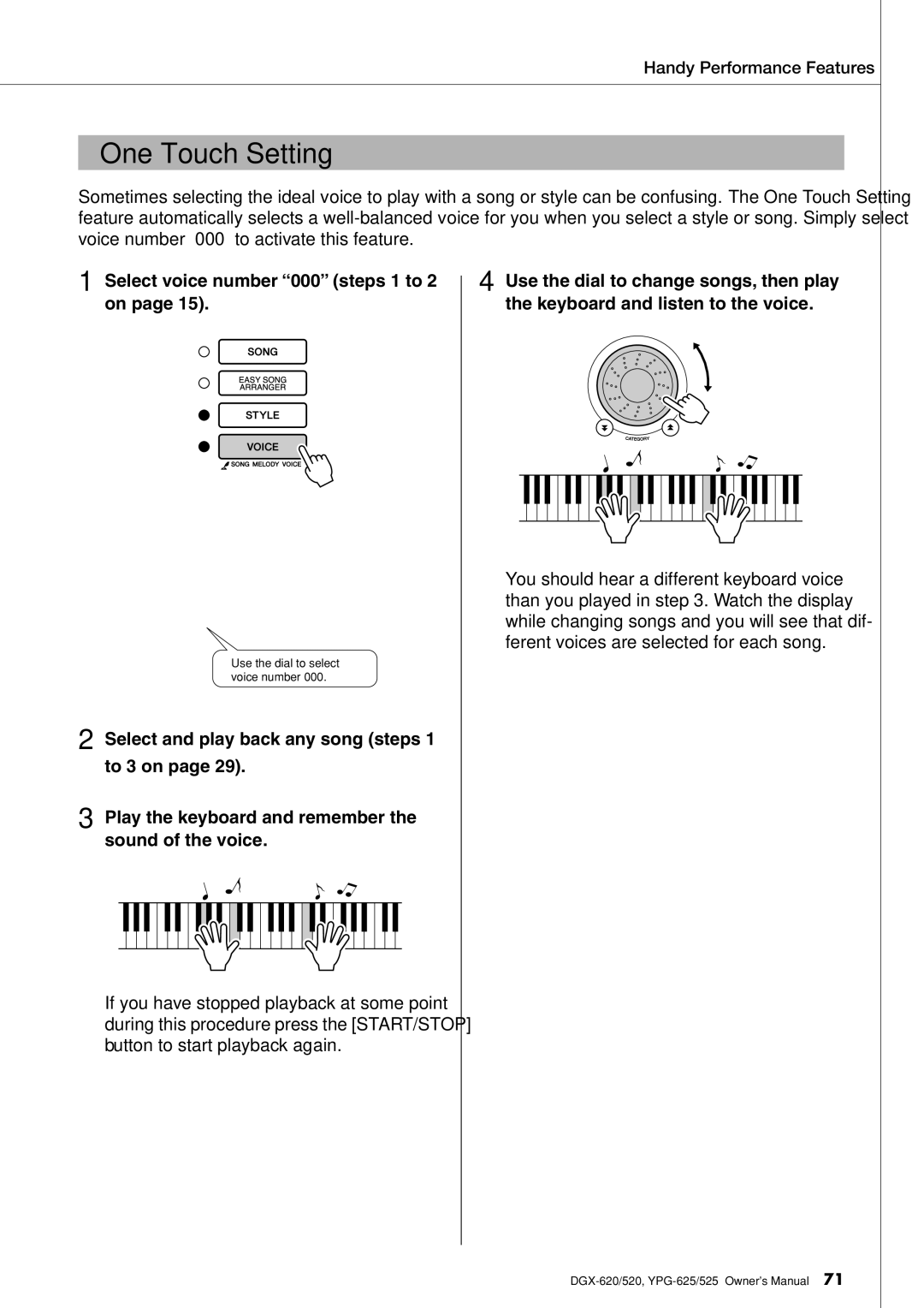 Yamaha DGX-620 owner manual One Touch Setting, Select voice number 000 steps 1 to 2 on 