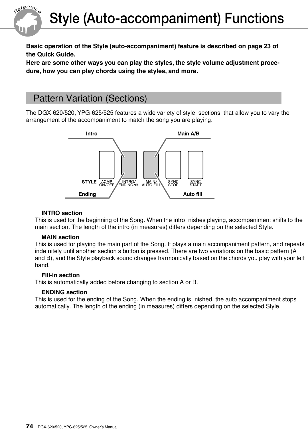 Yamaha DGX-620 owner manual Style Auto-accompaniment Functions, Pattern Variation Sections 