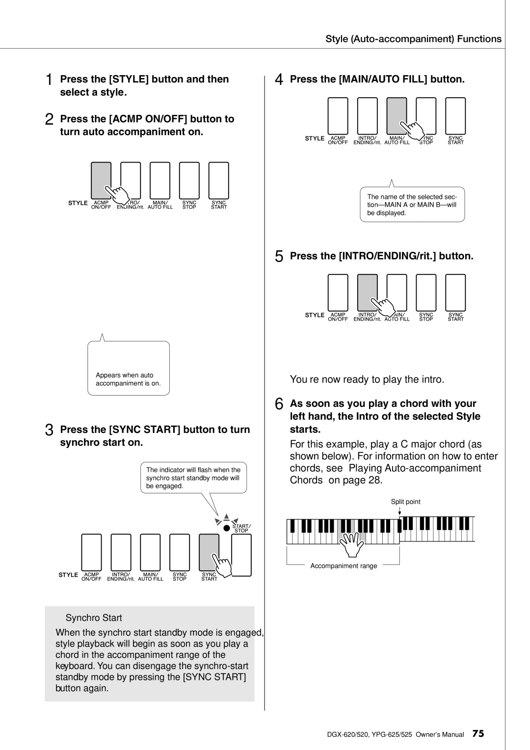 Yamaha DGX-620 Press the Sync Start button to turn synchro start on, Press the MAIN/AUTO Fill button, Synchro Start 