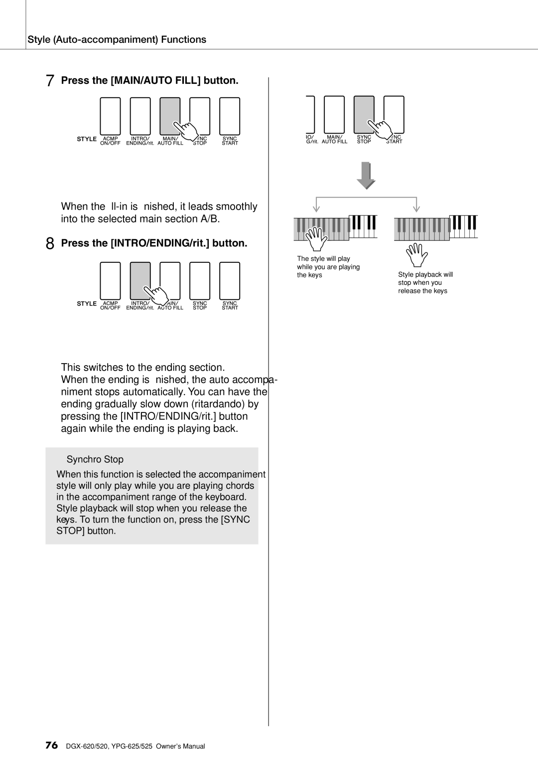 Yamaha DGX-620 owner manual Synchro Stop 