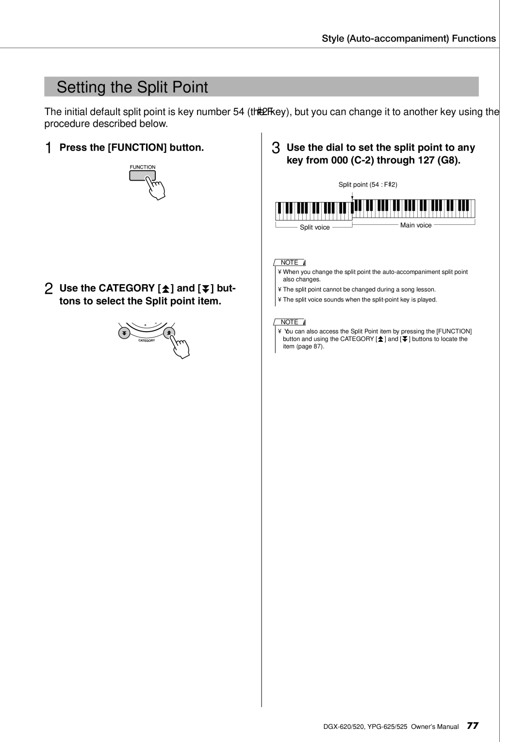 Yamaha DGX-620 owner manual Setting the Split Point, Split point 54 F#2 Split voice Main voice 