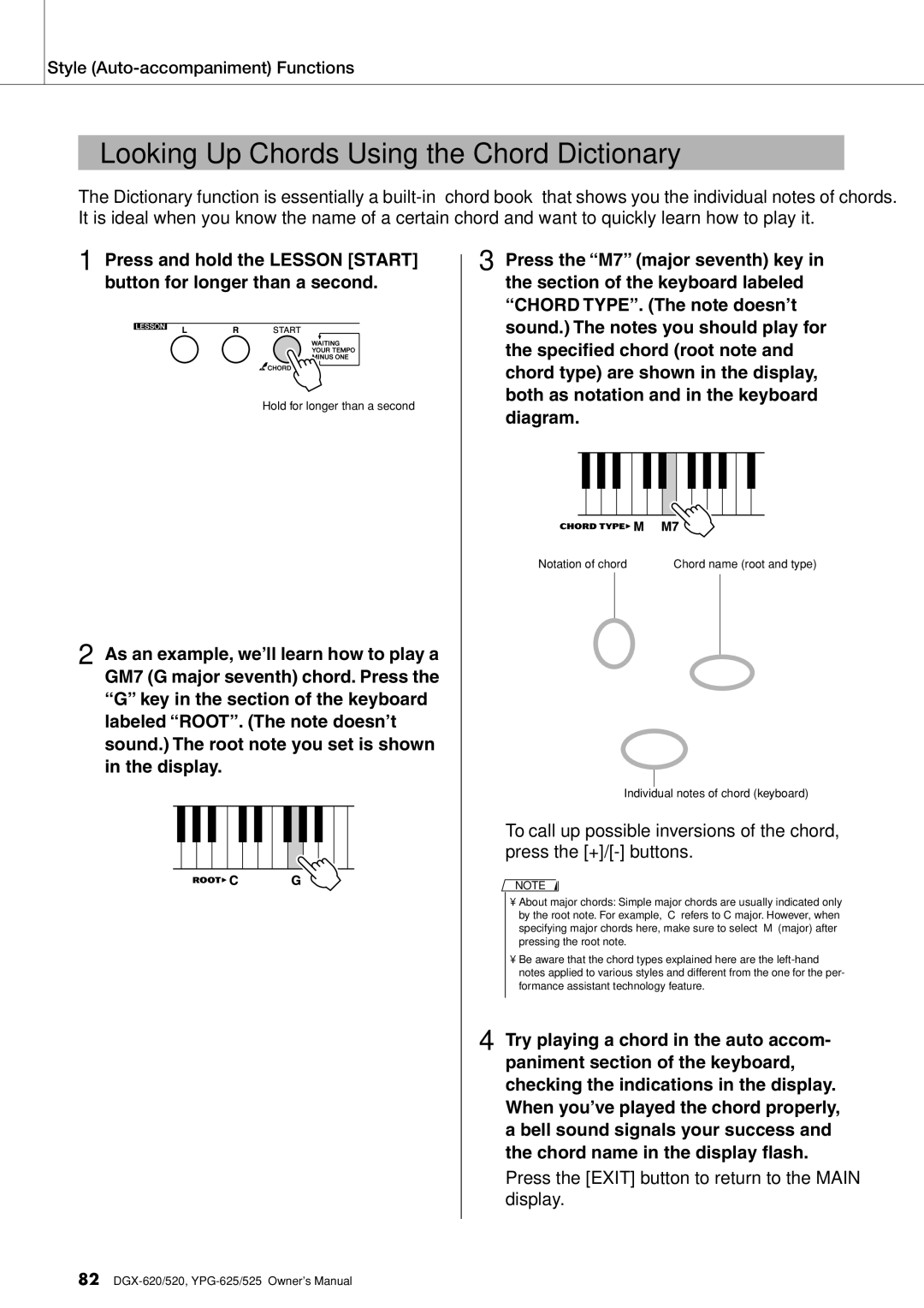 Yamaha DGX-620 owner manual Looking Up Chords Using the Chord Dictionary 