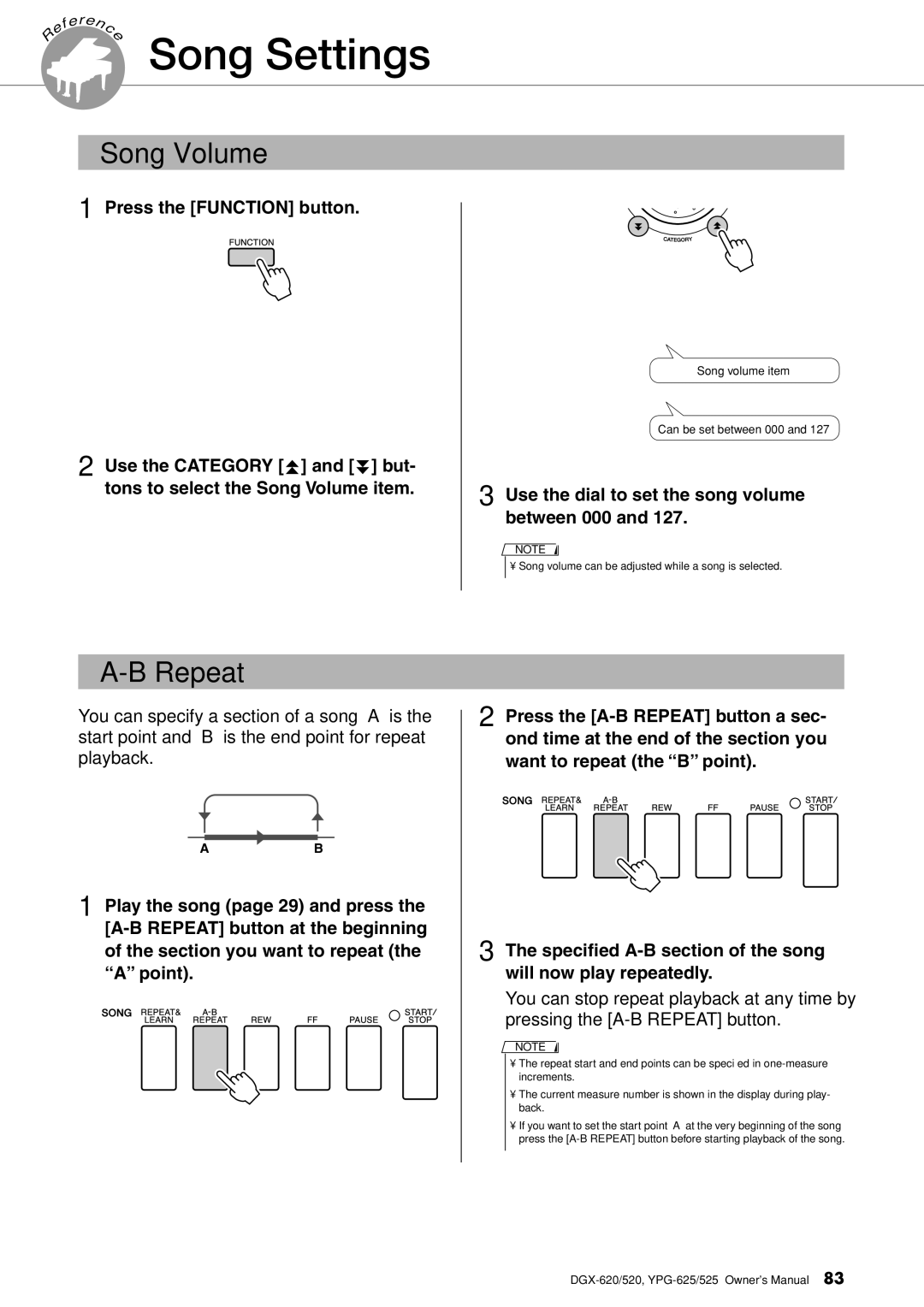 Yamaha DGX-620 owner manual Song Volume, Repeat, Use the dial to set the song volume between 000 