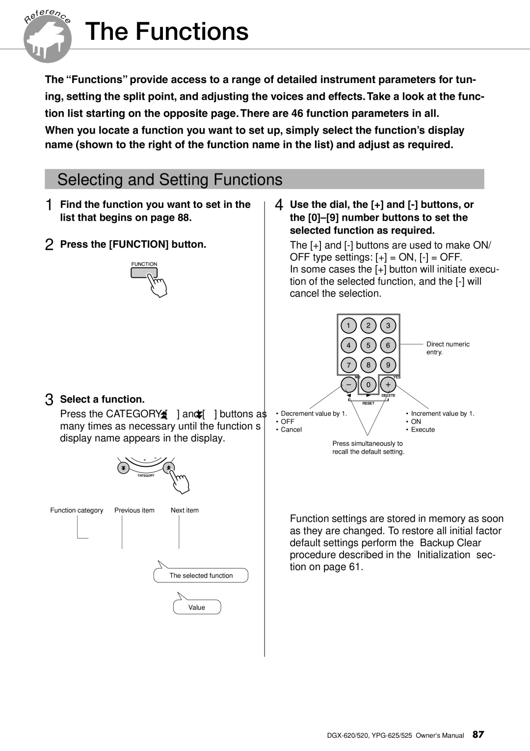 Yamaha DGX-620 owner manual Selecting and Setting Functions 