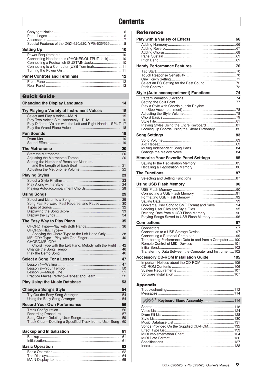 Yamaha DGX-620 owner manual Contents 