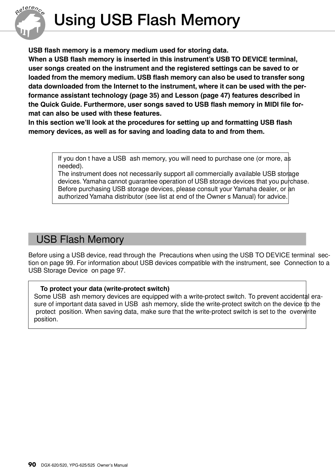 Yamaha DGX-620 owner manual Using USB Flash Memory, To protect your data write-protect switch 