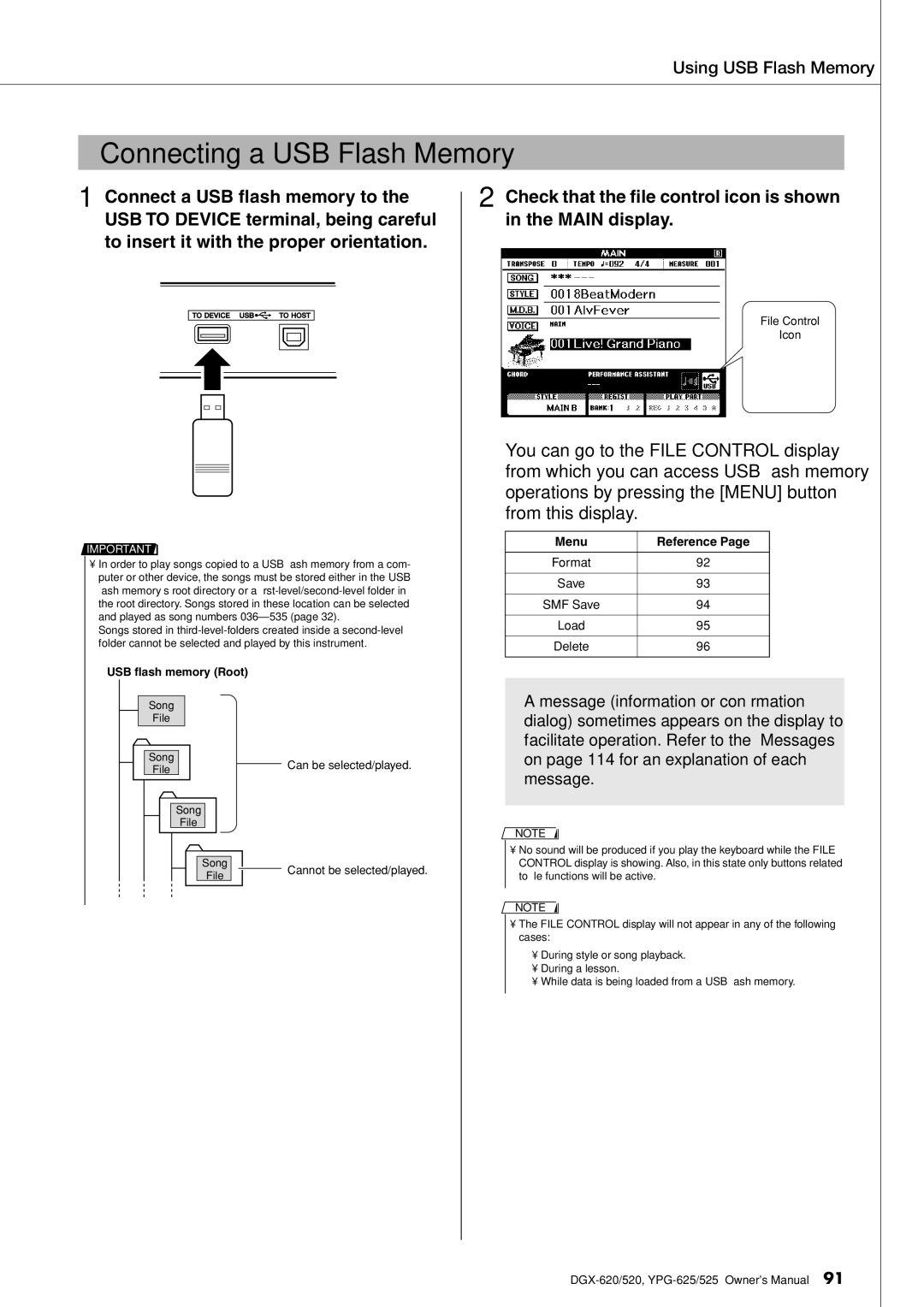 Yamaha DGX-620 owner manual Check that the ﬁle control icon is shown in the Main display, Menu Reference 