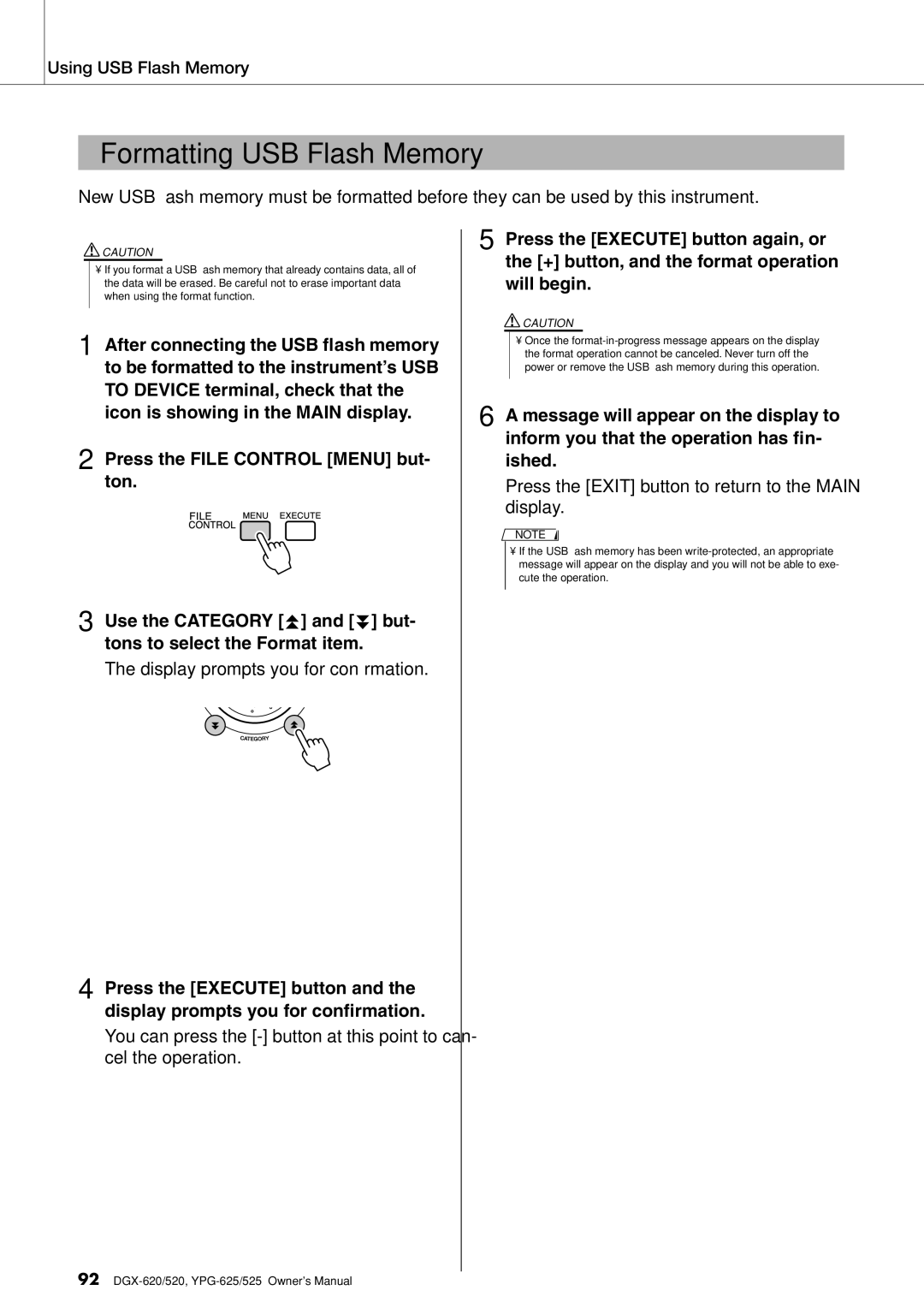 Yamaha DGX-620 owner manual Formatting USB Flash Memory 