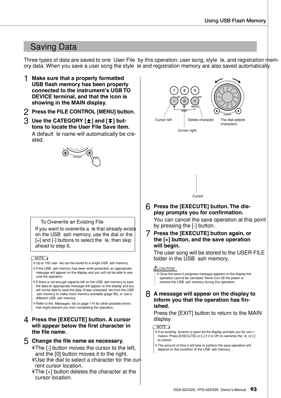 Yamaha DGX-620 owner manual Saving Data, To Overwrite an Existing File 