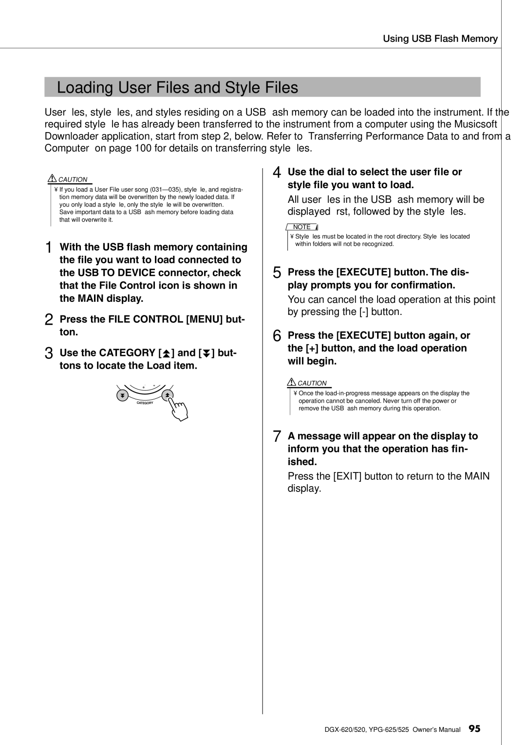 Yamaha DGX-620 owner manual Loading User Files and Style Files 