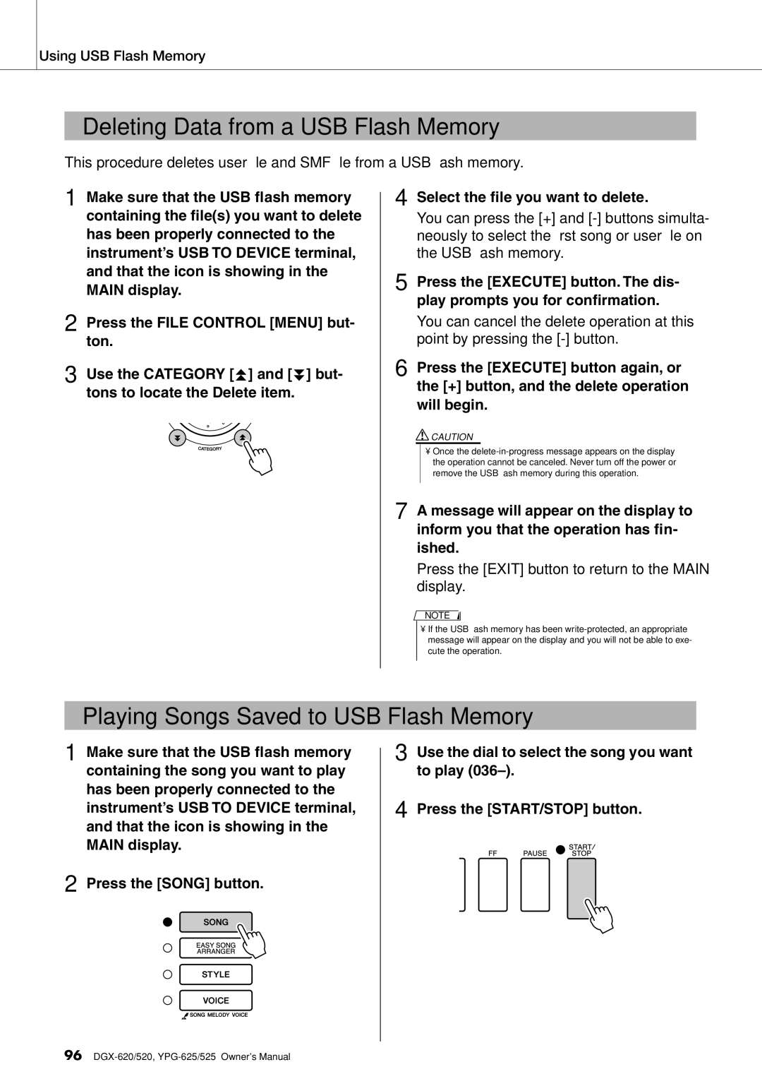 Yamaha DGX-620 owner manual Deleting Data from a USB Flash Memory, Playing Songs Saved to USB Flash Memory 