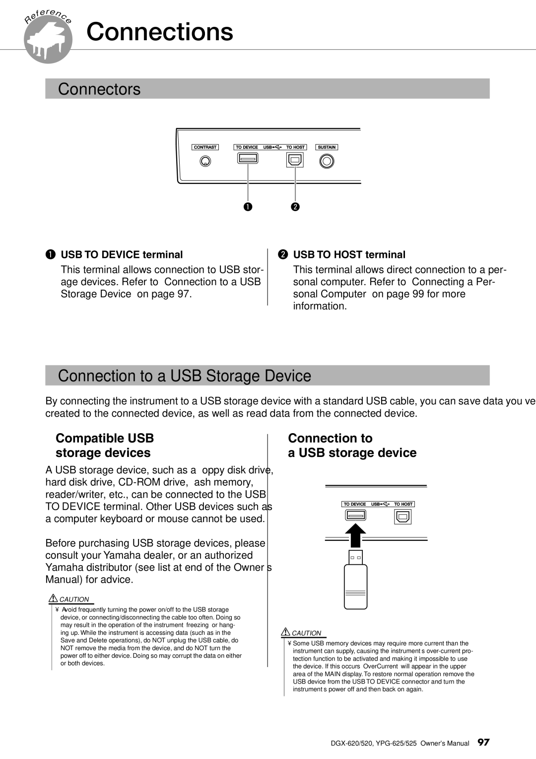 Yamaha DGX-620 Connections, Connectors, Connection to a USB Storage Device, USB to Device terminal, USB to Host terminal 