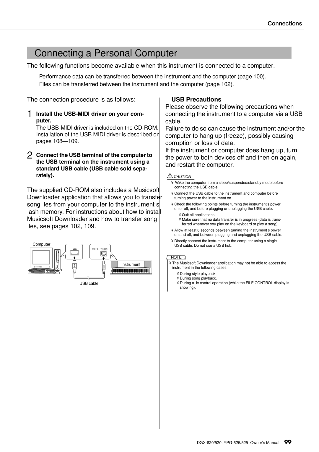 Yamaha DGX-620 owner manual Connecting a Personal Computer, USB Precautions 