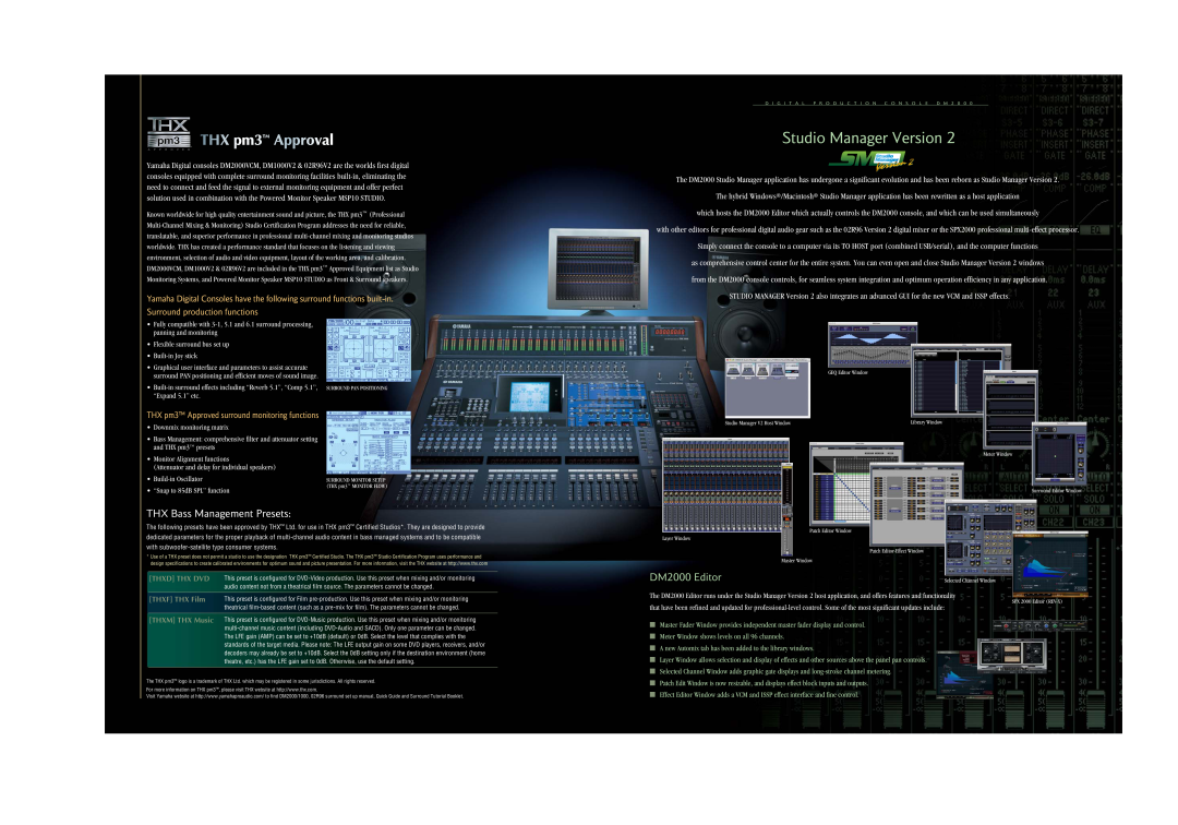 Yamaha DM 2000VCM manual THX Bass Management Presets, Studio Manager Version, DM2000 Editor, Surround production functions 