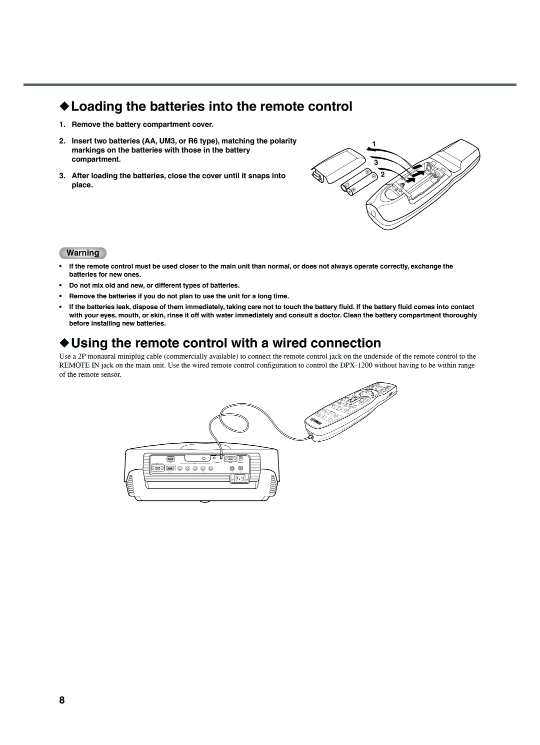 Yamaha DPX-1200 manual Loading the batteries into the remote control, Using the remote control with a wired connection 