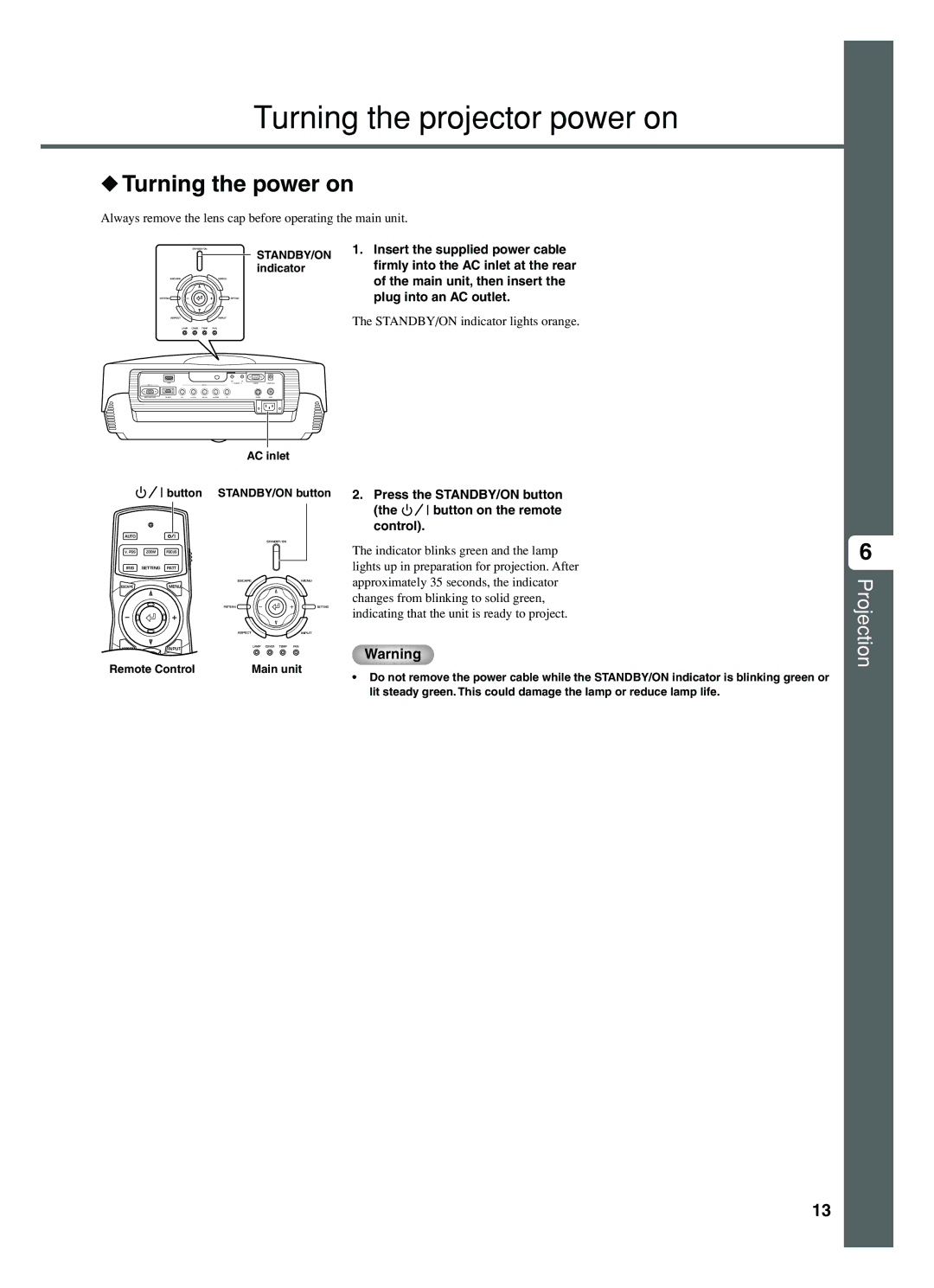 Yamaha DPX-1200 manual Turning the projector power on, Turning the power on 