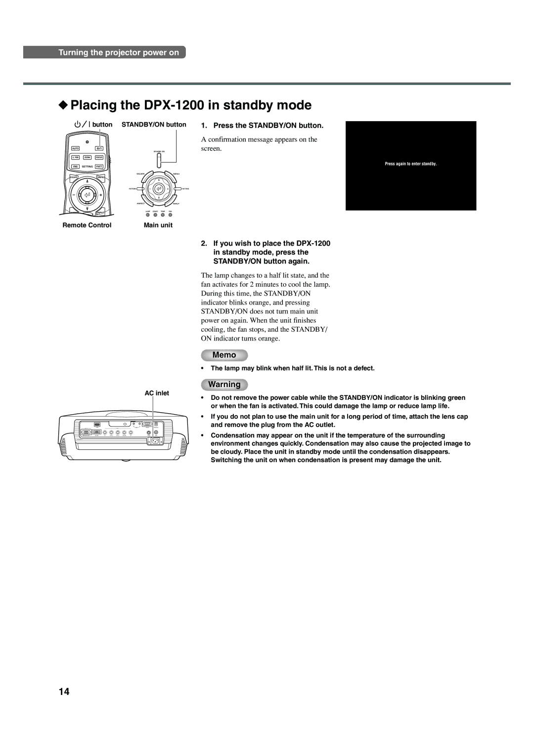 Yamaha manual Placing the DPX-1200 in standby mode, Memo, Press the STANDBY/ON button 