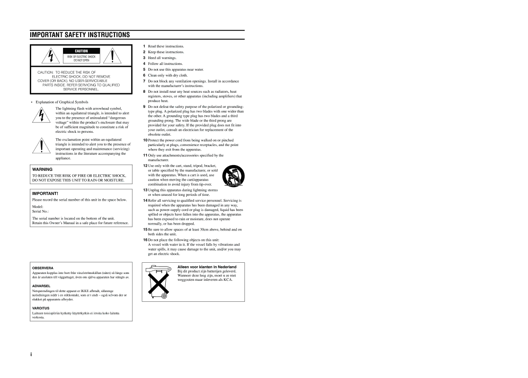 Yamaha DPX-1200 manual Important Safety Instructions, Alleen voor klanten in Nederland 