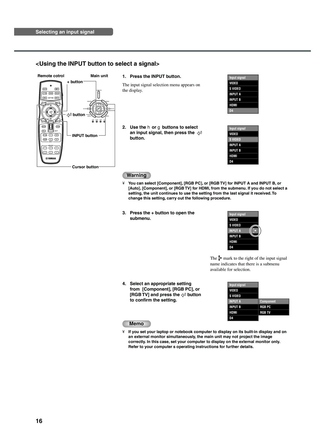 Yamaha DPX-1200 manual Using the Input button to select a signal, Press the + button to open the submenu, Button Aspect 