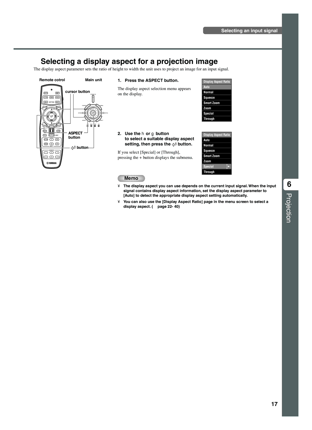 Yamaha DPX-1200 manual Selecting a display aspect for a projection image, Press the Aspect button, Remote cotrol, Button 