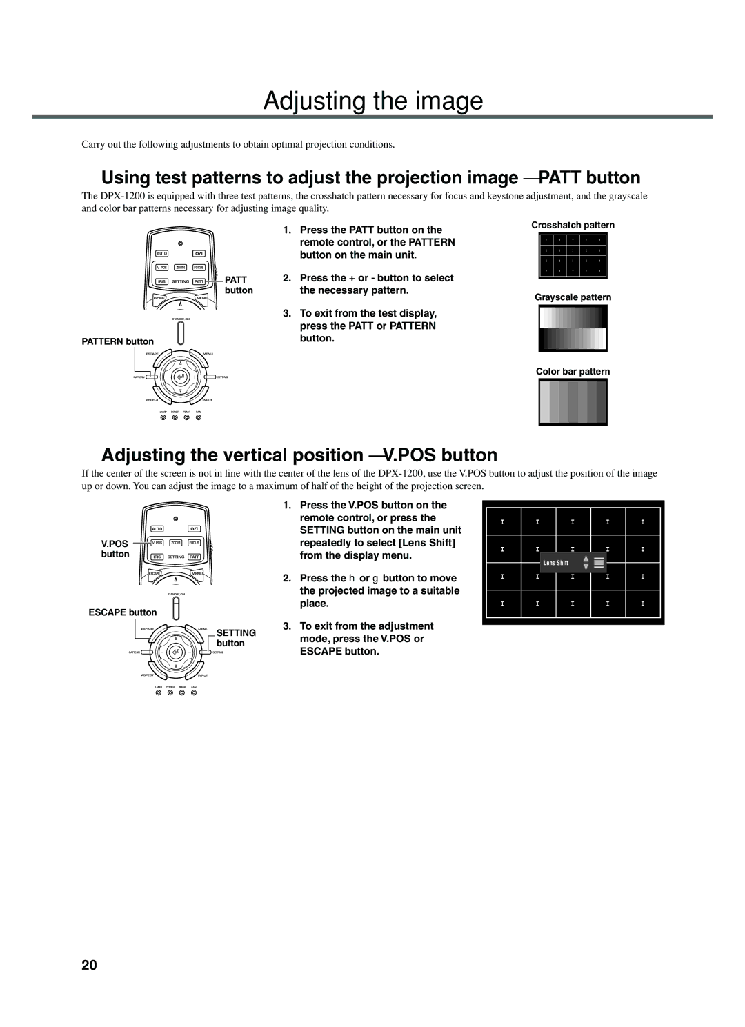 Yamaha DPX-1200 manual Adjusting the image, Adjusting the vertical position V.POS button, Pattern button, Escape button 