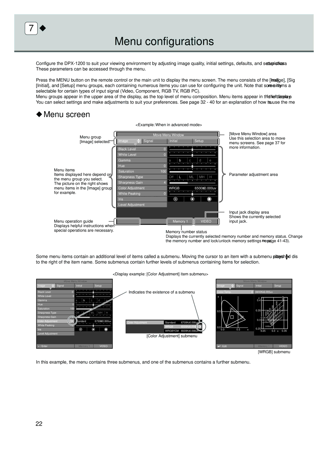 Yamaha DPX-1200 manual Menu configurations, Menu screen 