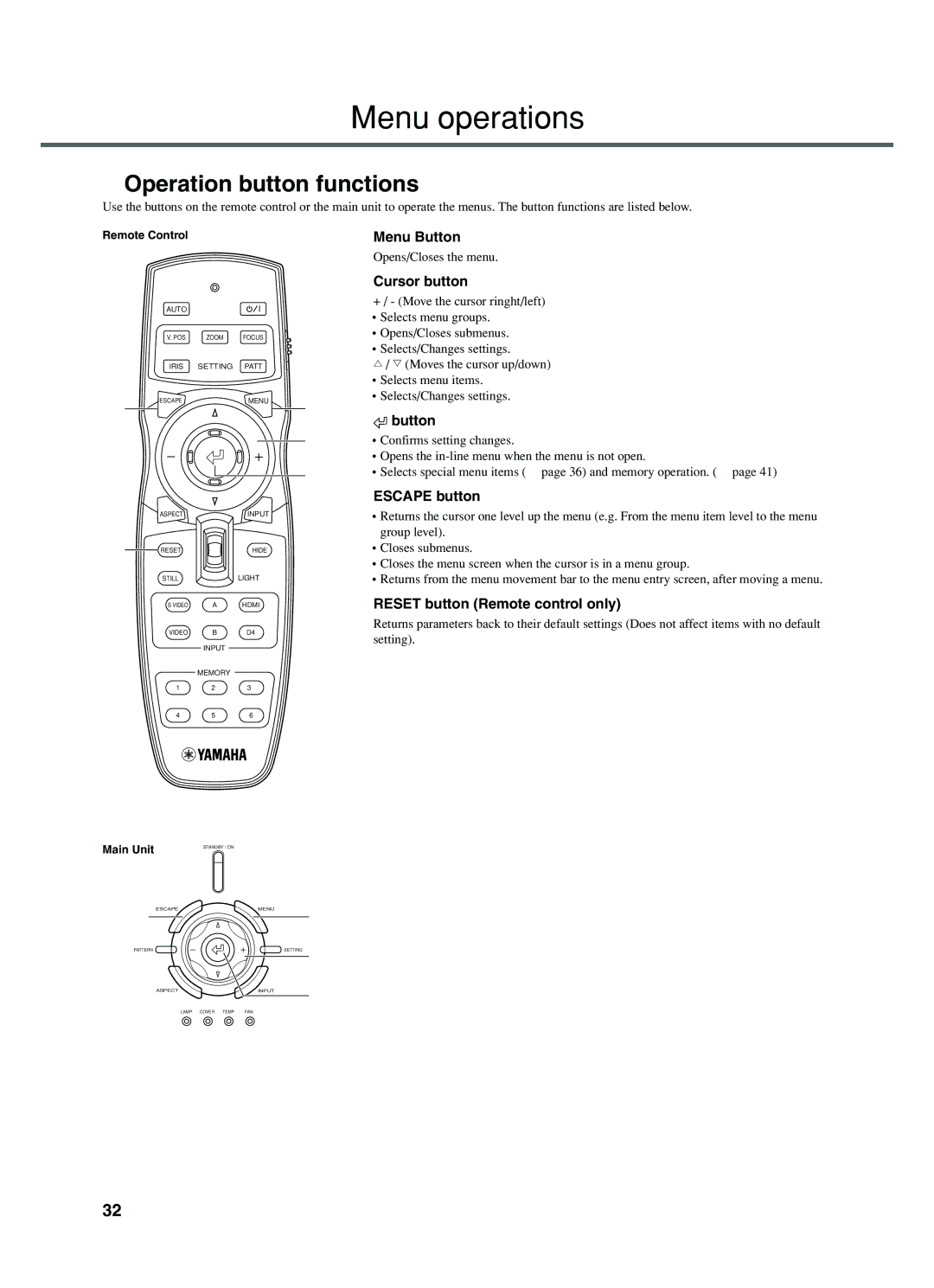 Yamaha DPX-1200 manual Menu operations, Operation button functions, Cursor button, Reset button Remote control only 