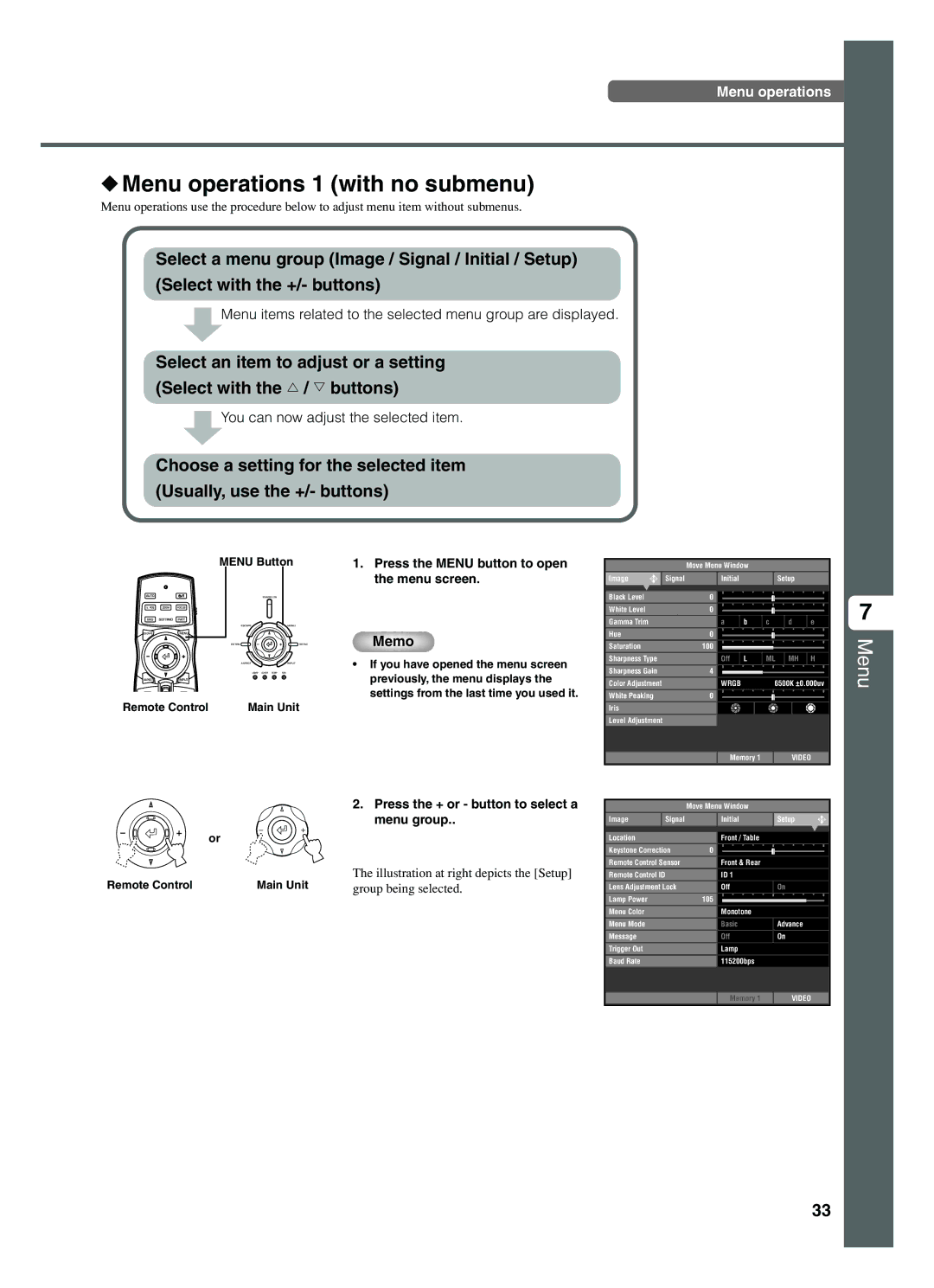 Yamaha DPX-1200 manual Menu operations 1 with no submenu, Press the Menu button to open, Menu Button, Menu screen 