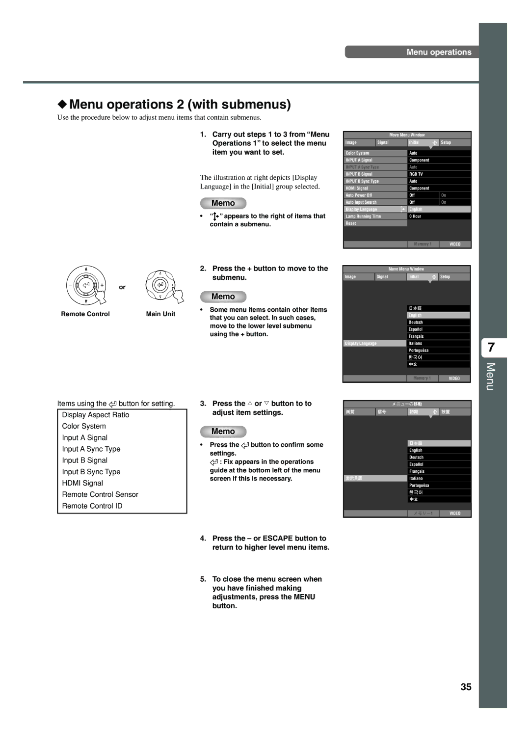 Yamaha DPX-1200 manual Menu operations 2 with submenus, Press the + button to move to Submenu 