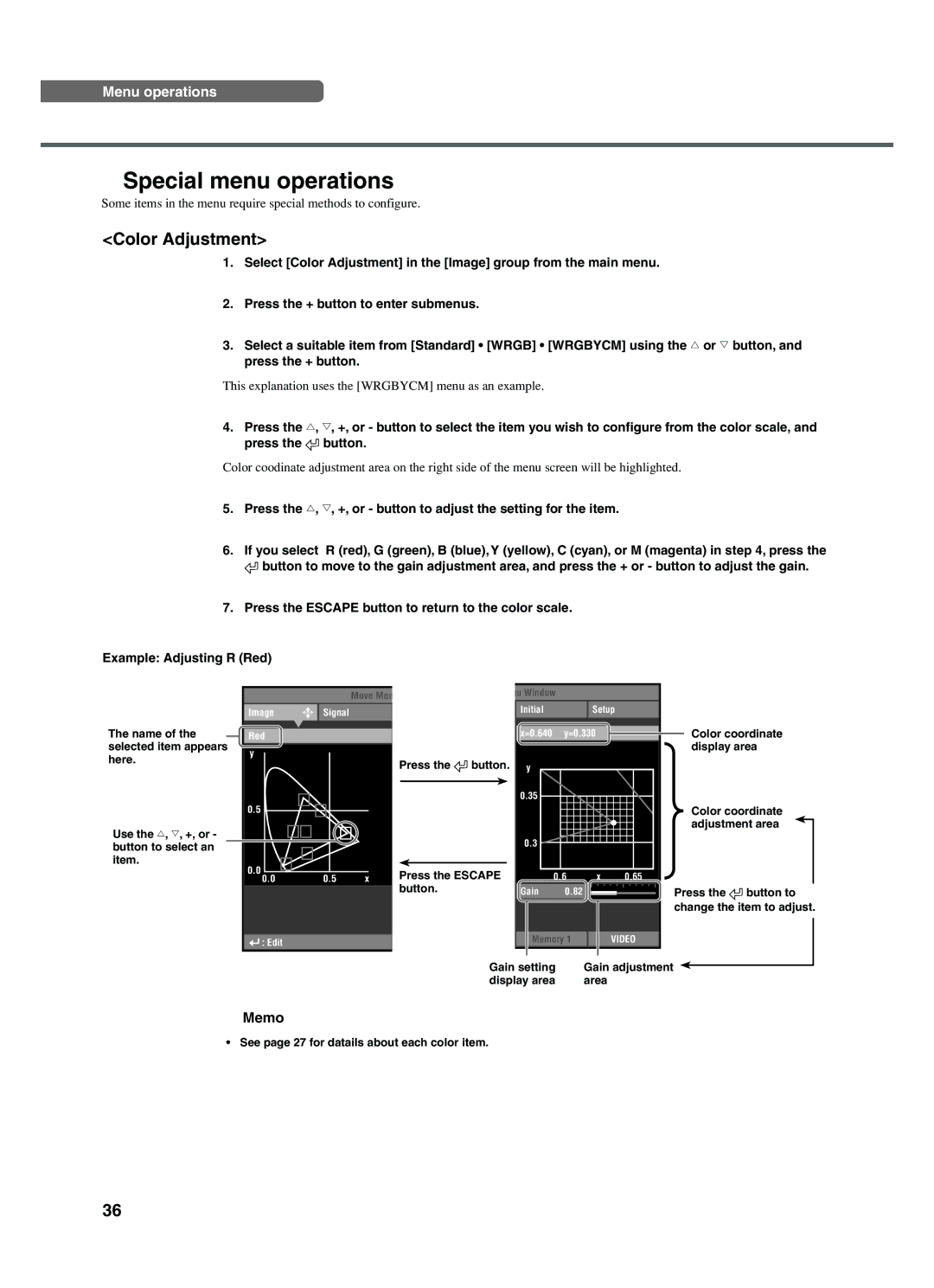 Yamaha DPX-1200 manual Special menu operations, See page 27 for datails about each color item 