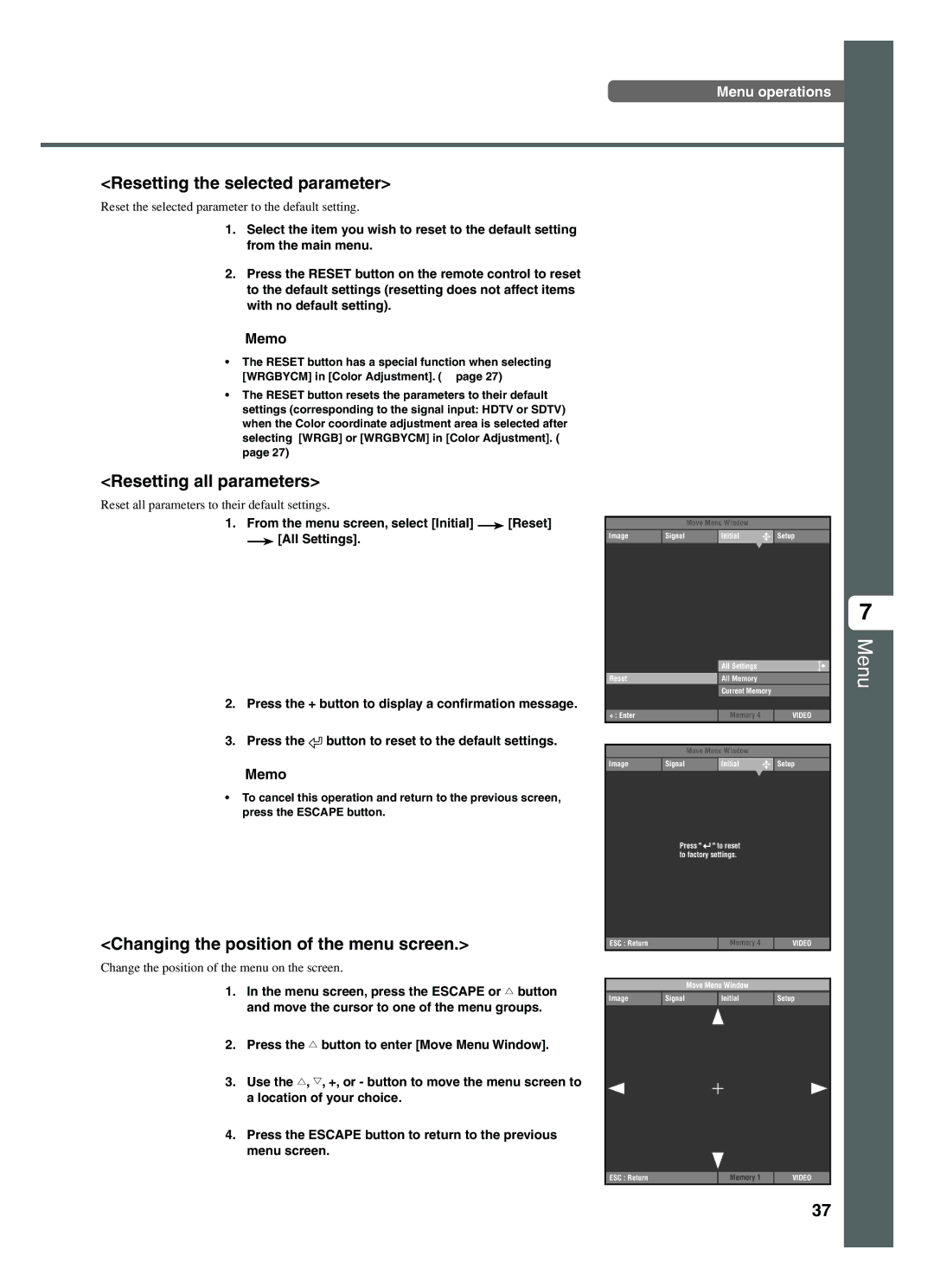 Yamaha DPX-1200 manual Resetting the selected parameter, Resetting all parameters, Changing the position of the menu screen 