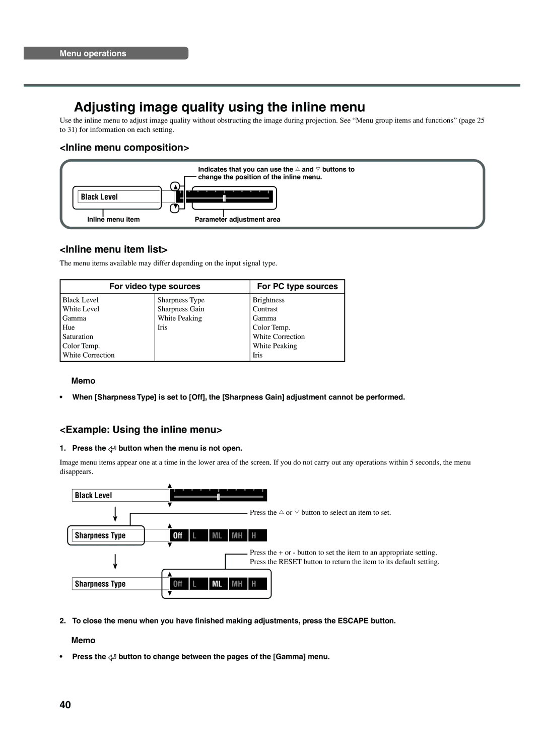 Yamaha DPX-1200 manual Adjusting image quality using the inline menu, Inline menu composition, Inline menu item list 