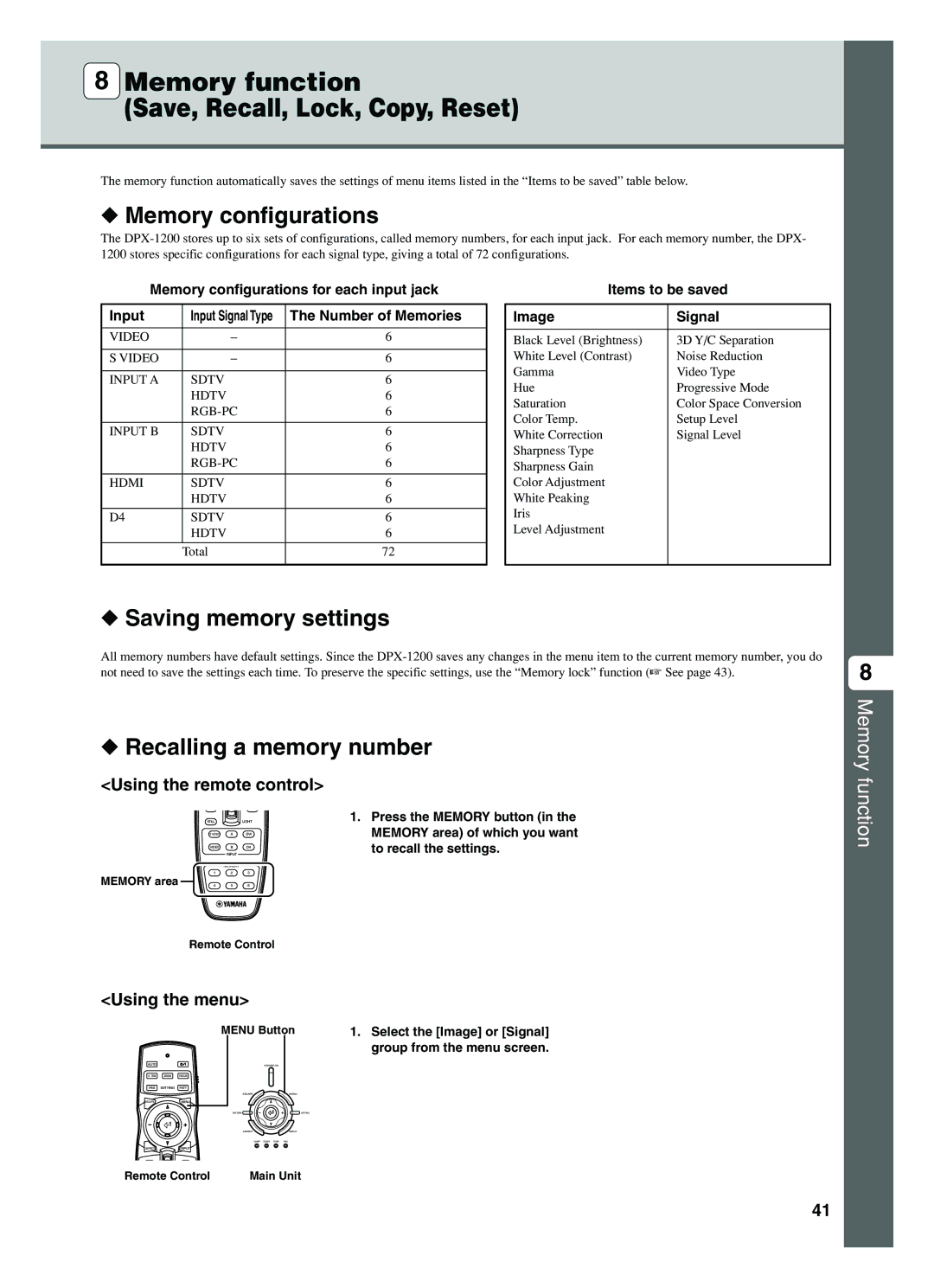 Yamaha DPX-1200 manual Memory configurations, Saving memory settings, Recalling a memory number, Using the remote control 