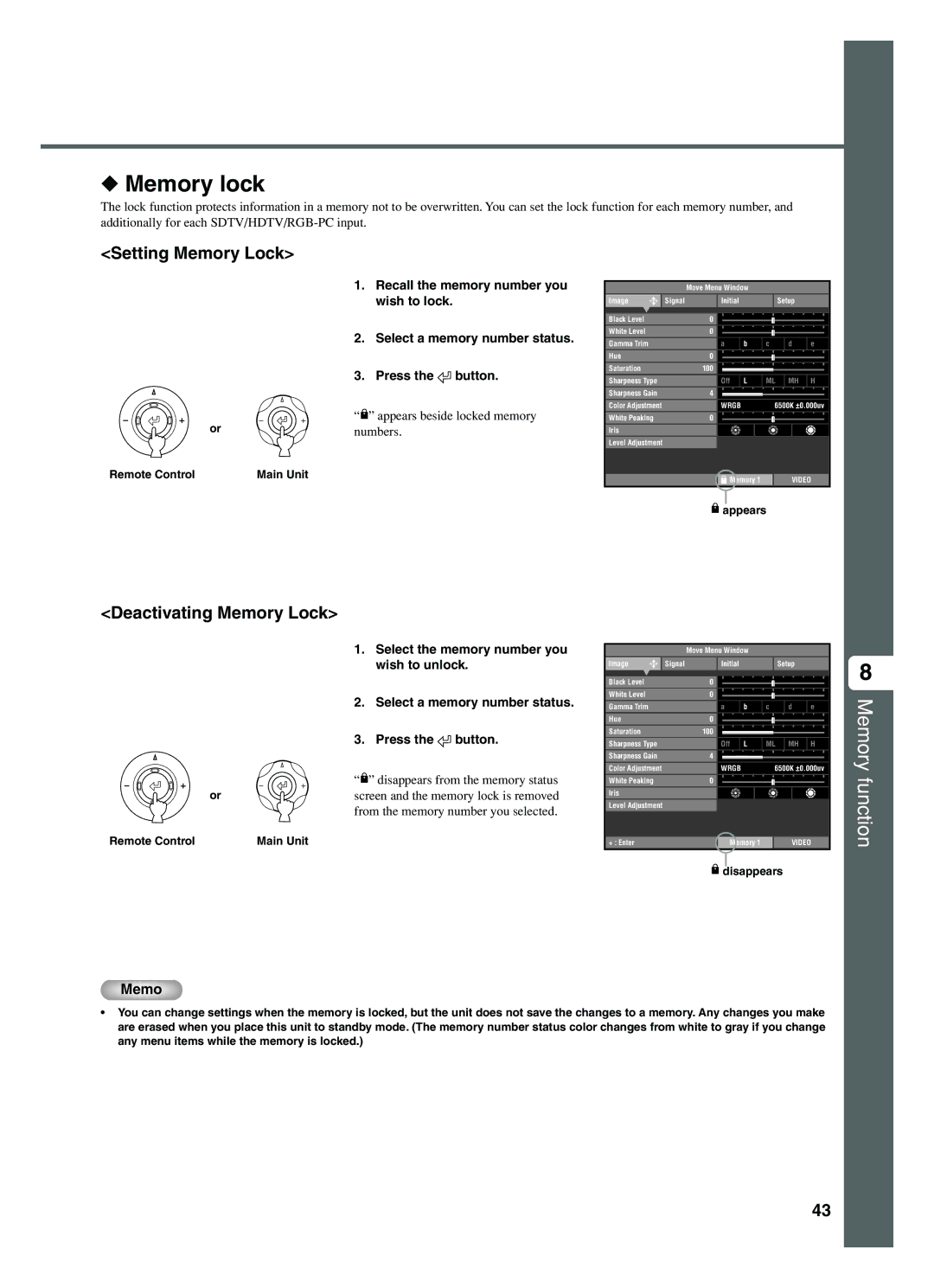 Yamaha DPX-1200 manual Memory lock, Setting Memory Lock, Deactivating Memory Lock 