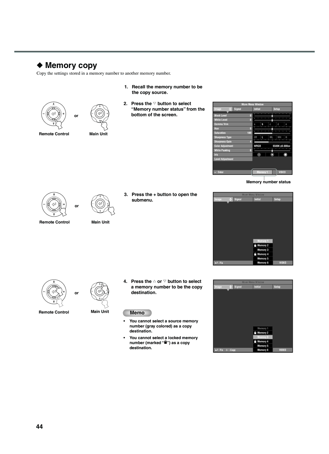 Yamaha DPX-1200 manual Memory copy, Recall the memory number to be, Copy source 